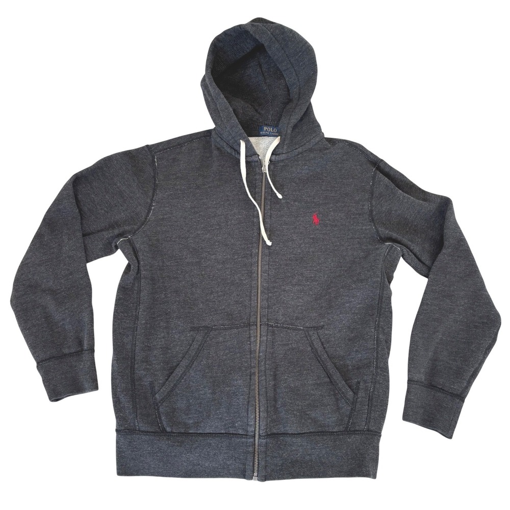 Polo Ralph Lauren full zip hoodie sweatshirt gray Size m Hood Pockets‎ EUC